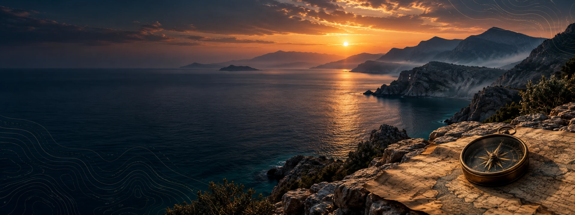 Ηλιοβασίλεμα πάνω από τη θάλασσα με πυξίδα σε παλιό χάρτη